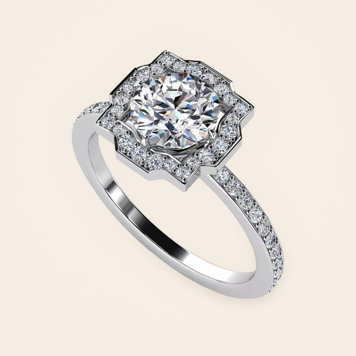 ZLR0163 Art Deco halo diamantring i 14 kt. hvidguld – perspektiv