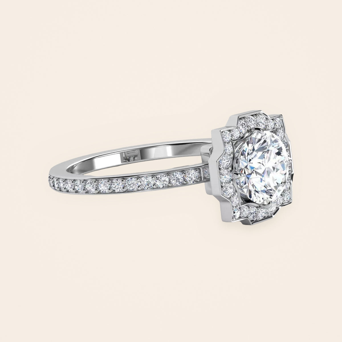 ZLR0163 Art Deco halo diamantring i 14 kt. hvidguld – fra siden