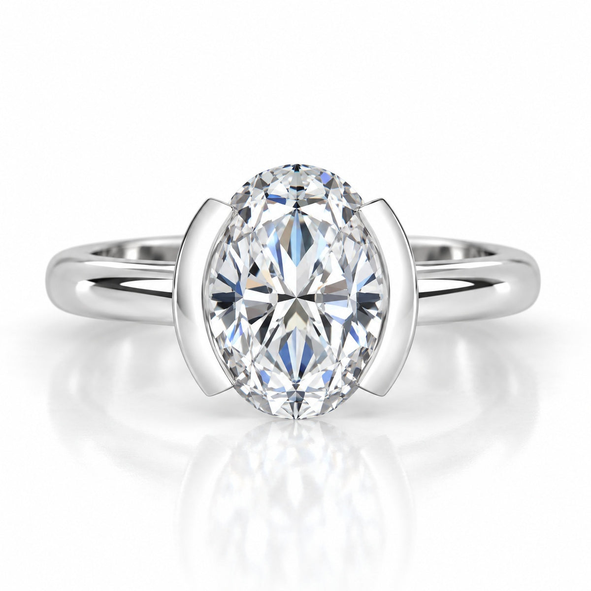 ZLR0176 solitaire diamantring med oval diamant i halv-lunette fatning, forfra