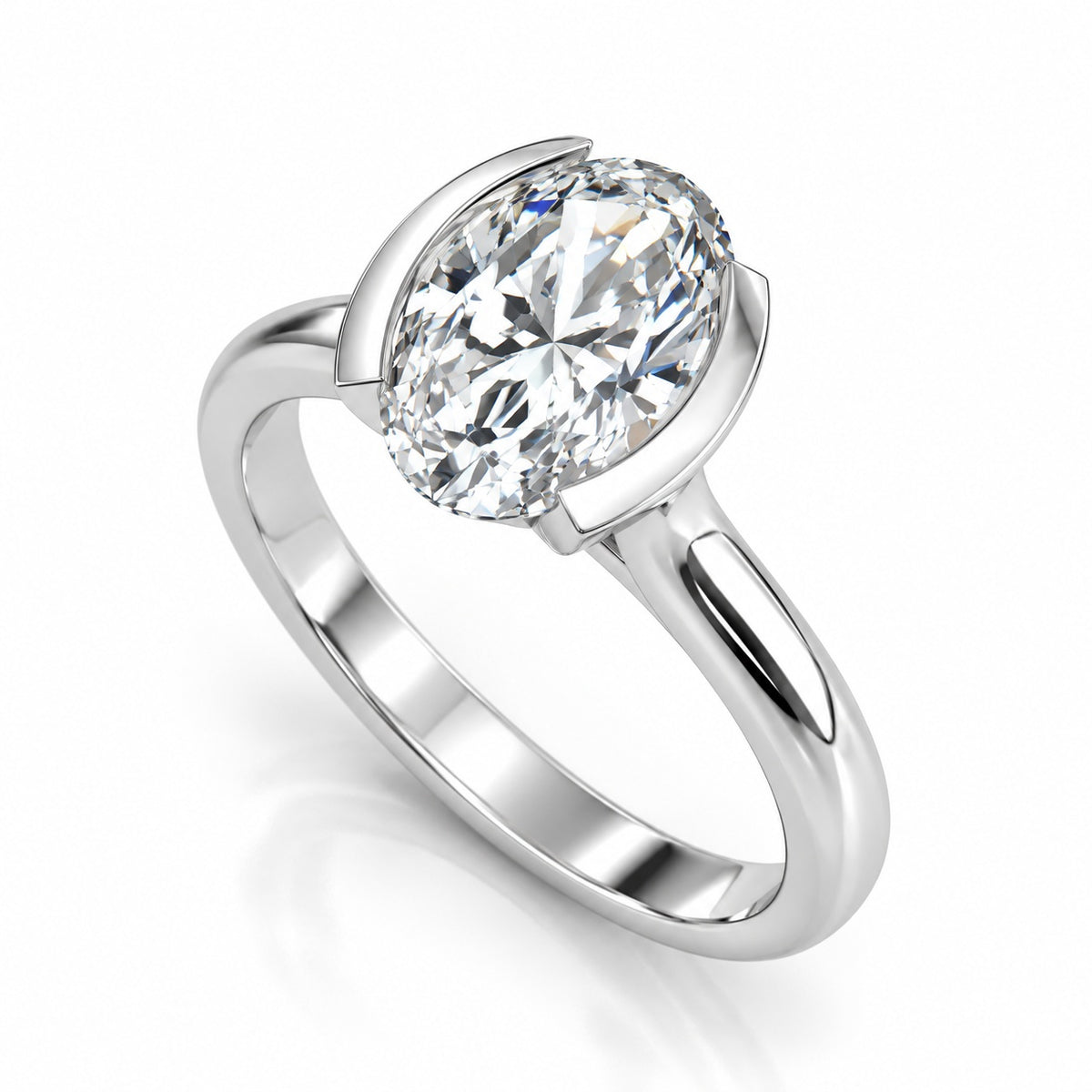 ZLR0176 solitaire diamantring med oval diamant i halv-lunette fatning, perspektiv