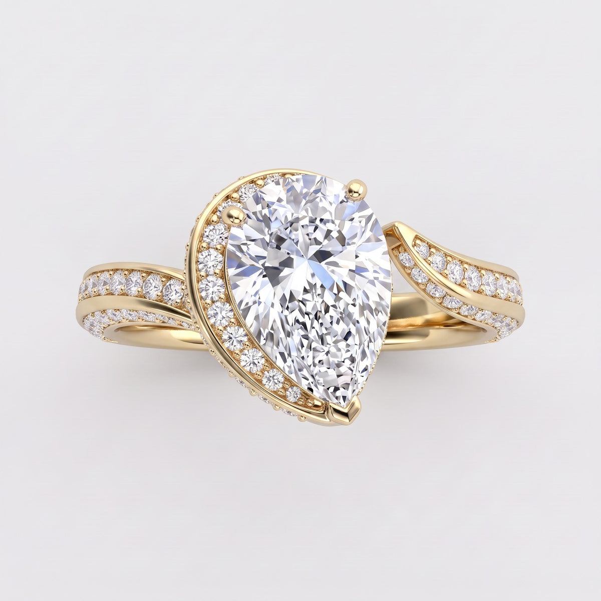 ZLR074 diamantring i gulguld set oppefra med swirl-halo