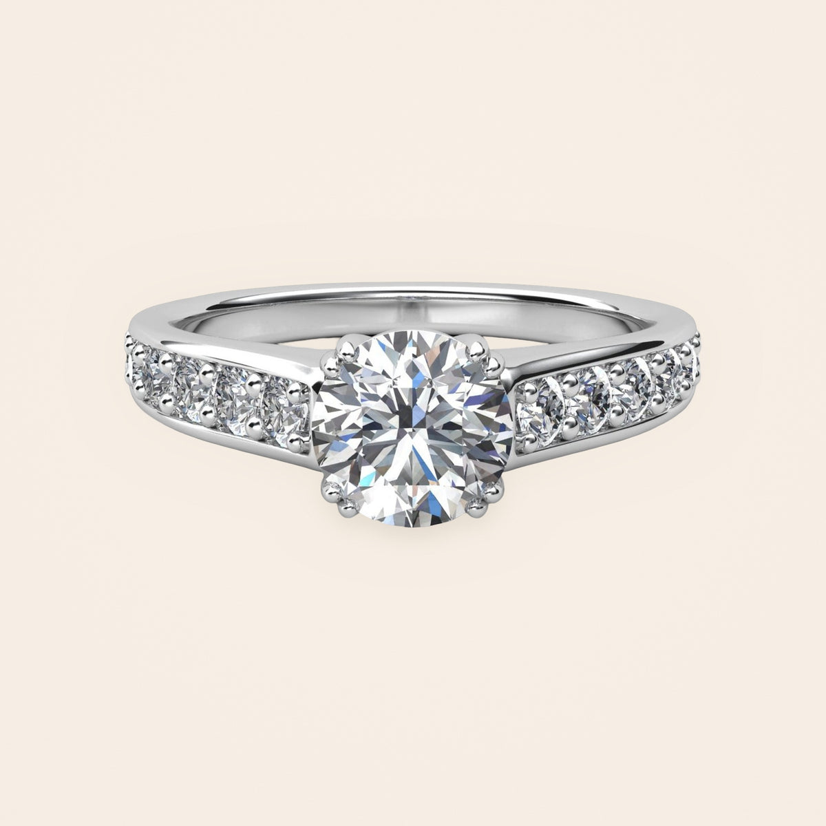 ZLSA01 solitaire diamantring med diamantskuldre i 14 kt. hvidguld, forfra
