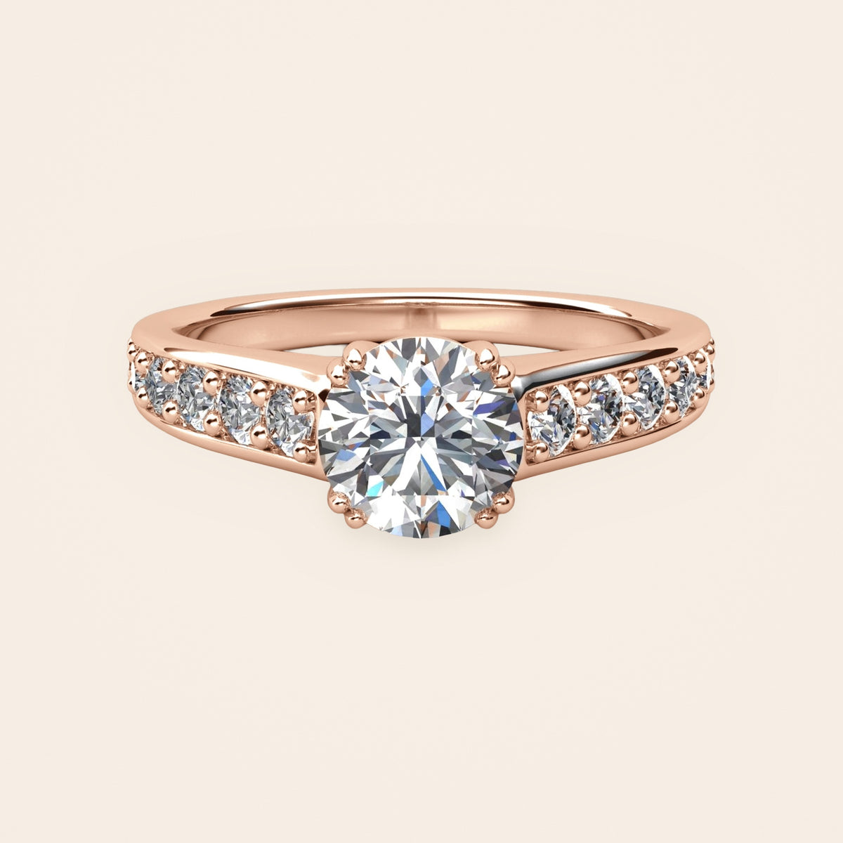 ZLSA01 solitaire diamantring med diamantskuldre i 14 kt. rosaguld, forfra