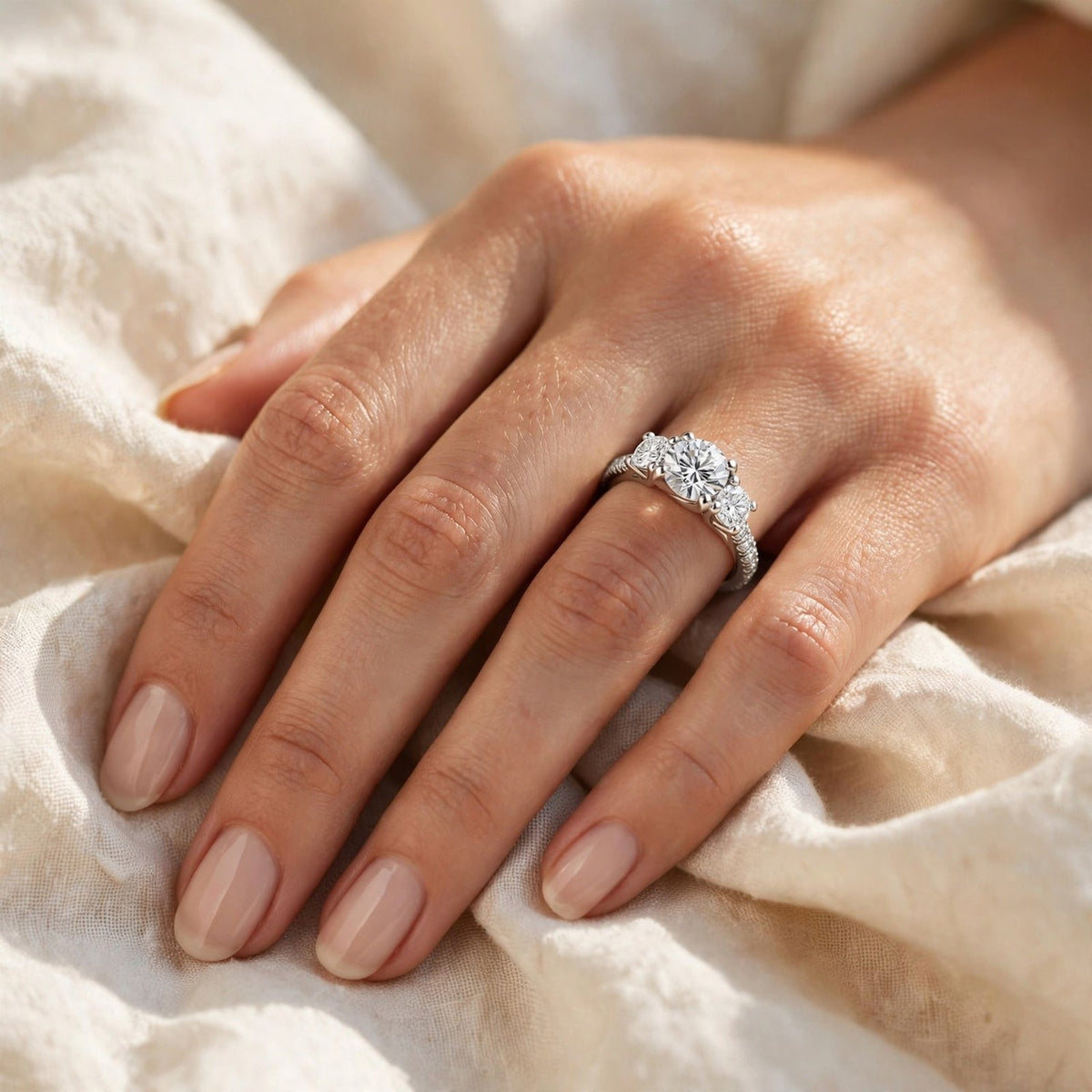 ZLT02 trilogy diamantring med pavé-skinne i hvidguld, båret på hånd