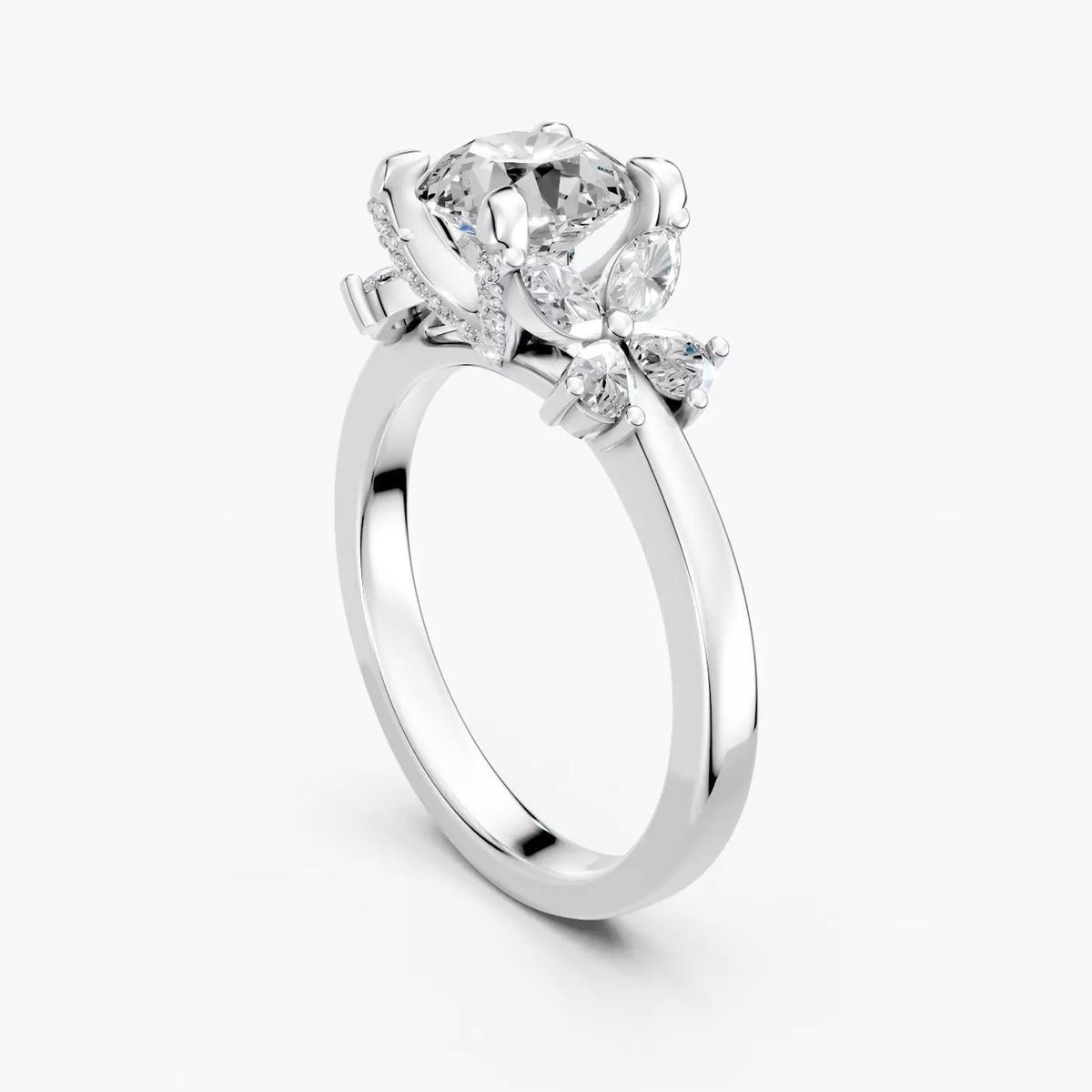 ZRT023 diamantring med rund diamant, marquise- og dråbesten i hvidguld – perspektiv