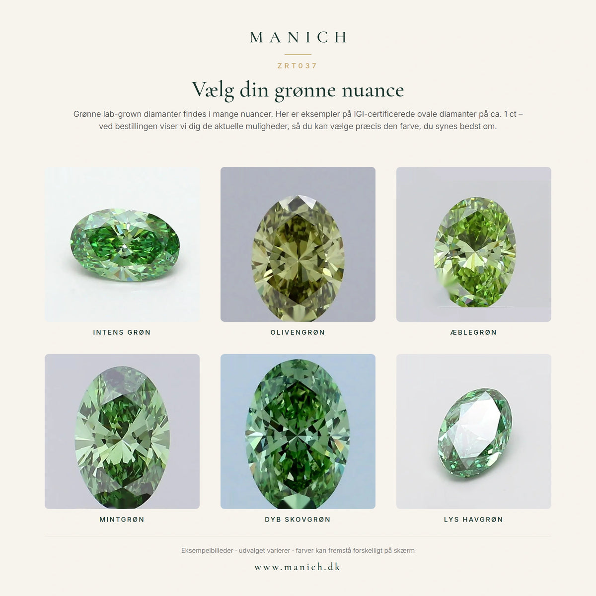 ZRT037 – vælg din grønne nuance: eksempler på IGI-certificerede grønne ovale lab-grown diamanter
