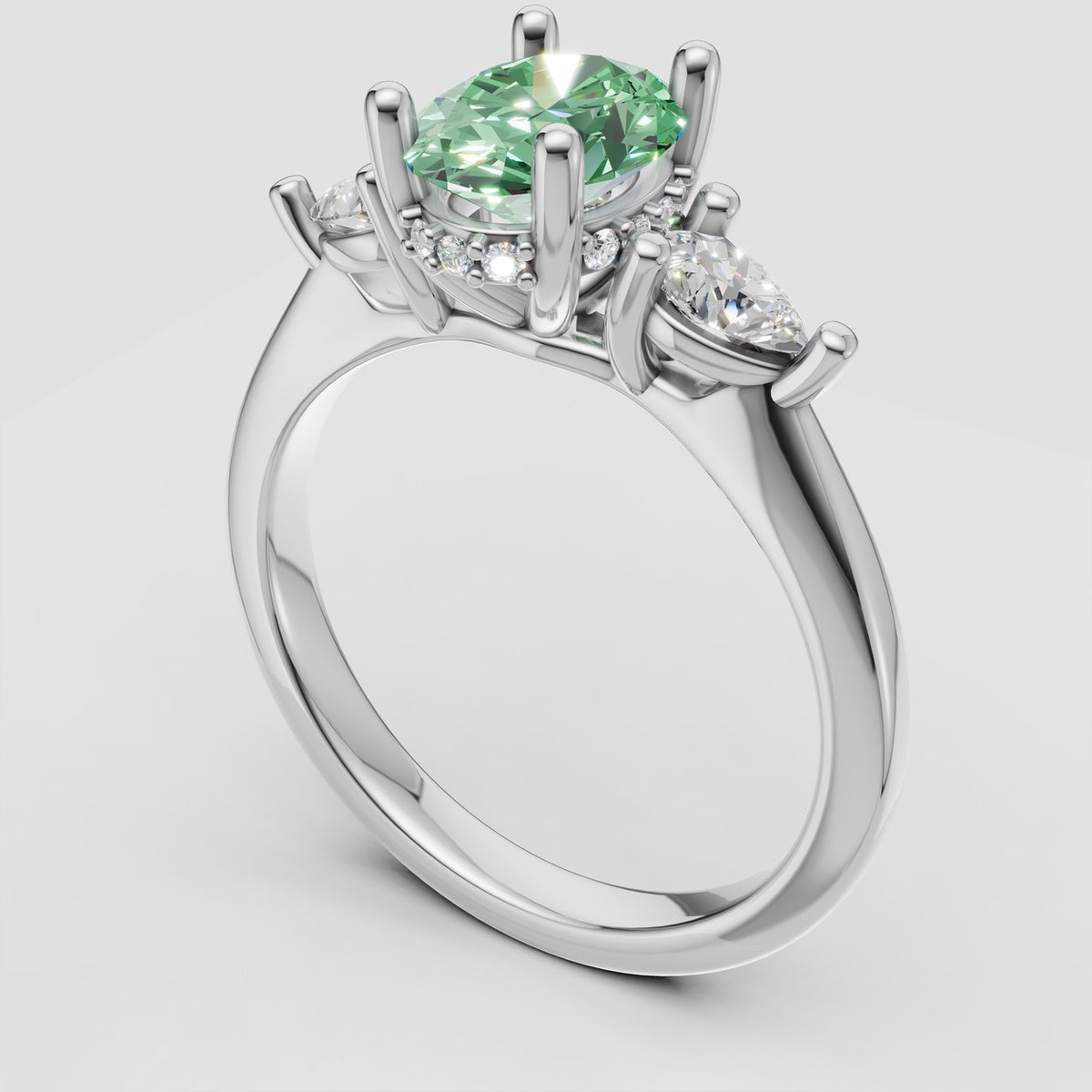 ZRT037 diamantring med grøn oval lab-grown diamant, skjult halo og dråbesten i 14 kt. hvidguld, perspektiv