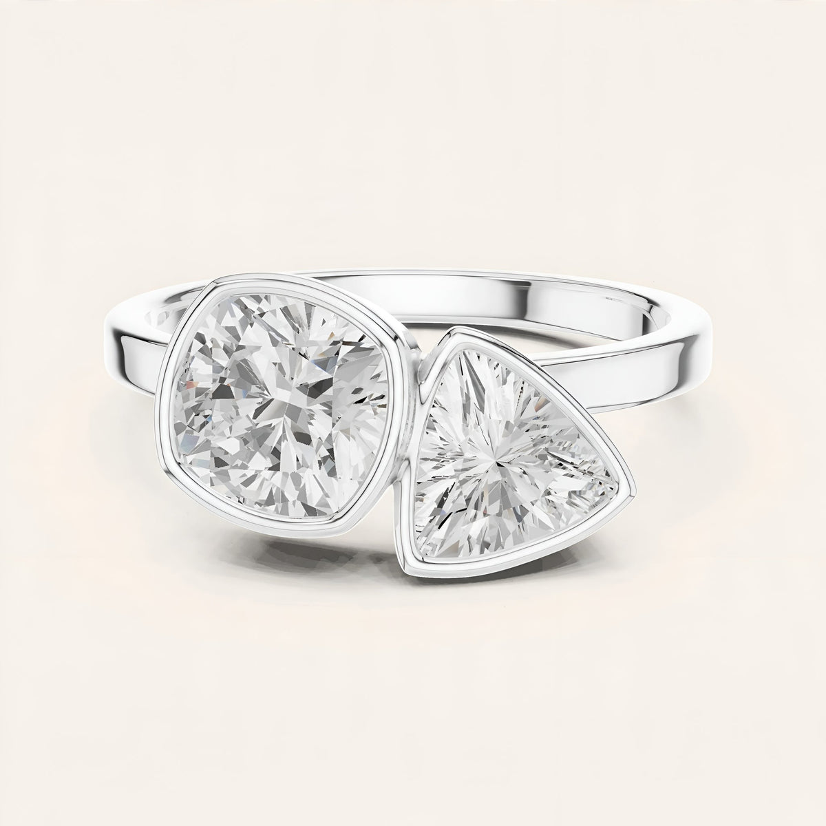 SBWR(27) Toi et Moi diamantring med cushion og trillion i 14 kt. hvidguld – forfra