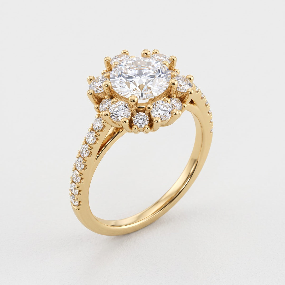 ZSY018 diamantring med rund diamant og blomsterhalo i gulguld – perspektiv